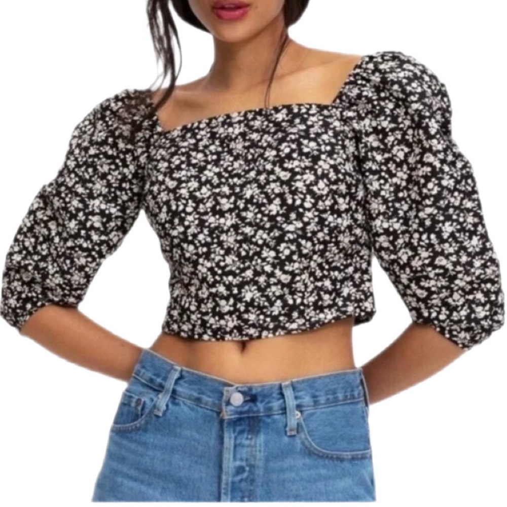 Levi's Yvie Statement Floral Puff Sleeve Smocked Back Cropped Blouse Top Size S